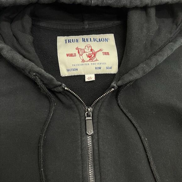 True Religion Hoodie Mens Small Black Gold Chain Spell Out Sleeves Full Zip - Picture 5 of 12